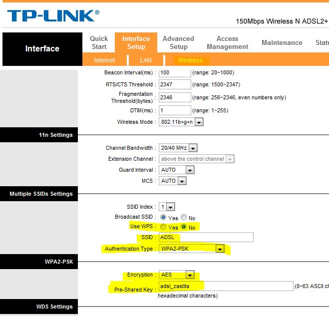 Podešavanje "šifre" na wireless ruteru